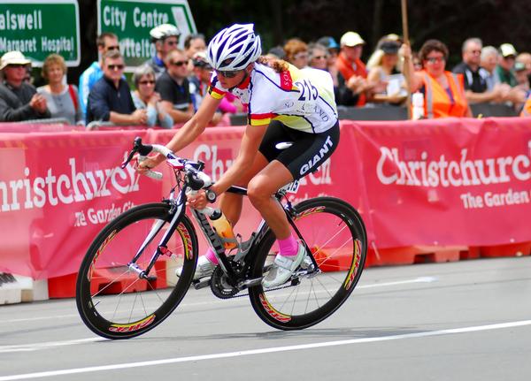 Triathlete Nicky Samuels in action on way to winning the RaboDirect National Road cycling Championship in Christchurch